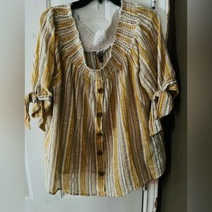 NWT blouse by unique spectrum size 2x off shoulder mustard stripes